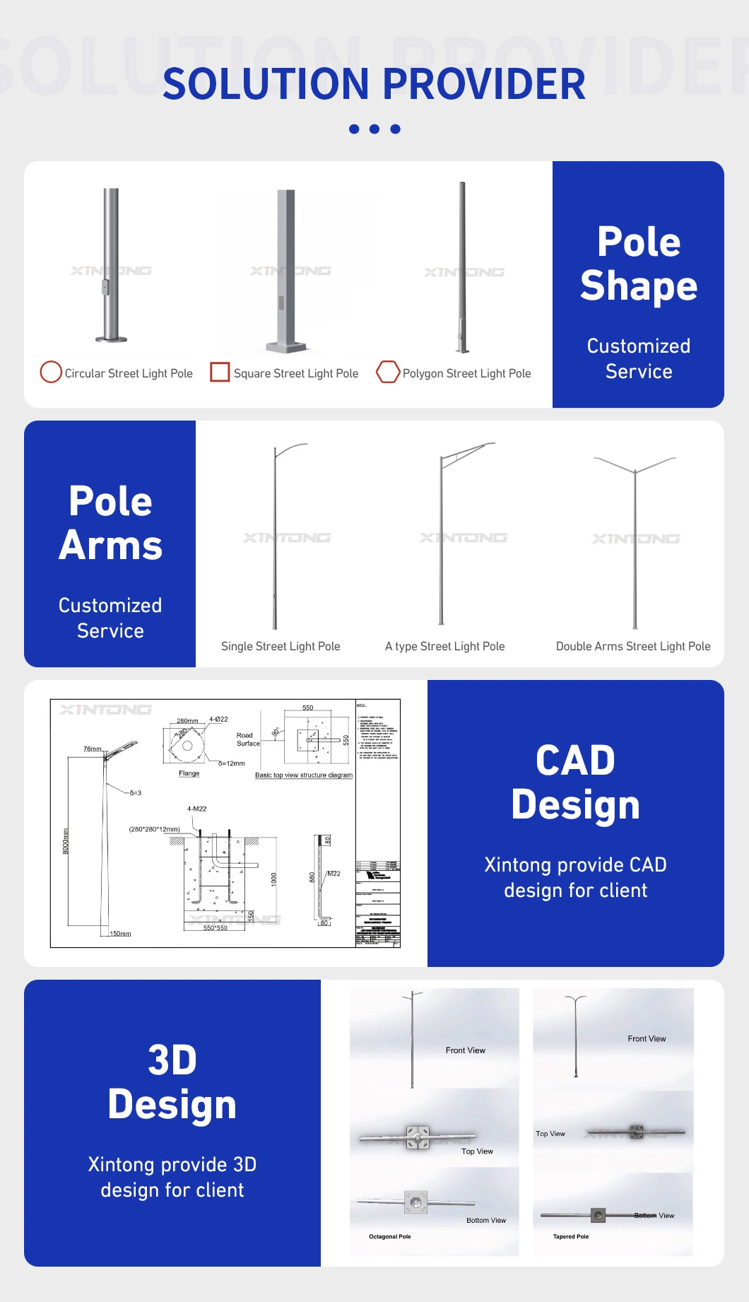 Galvanized Double Arms Conical Octagonal High Mast Steel Metal Outdoor Traffic Sign LED Solar Street Garden Lighting Light Lamp Pole